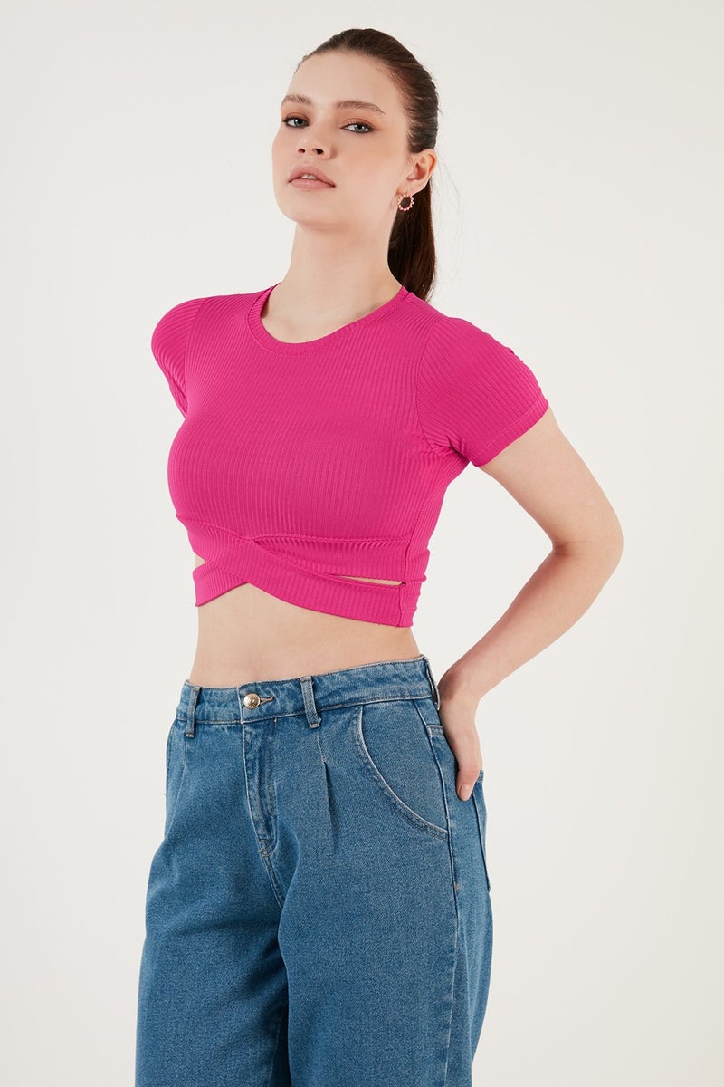 Lela Ribbed Waist Detailed Short Sleeve Slim Cut Crop Blouse Women's Blouse 5864211  - Image 3