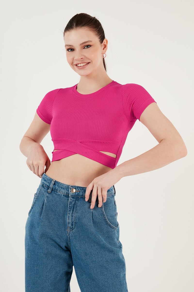 Lela Ribbed Waist Detailed Short Sleeve Slim Cut Crop Blouse Women's Blouse 5864211  - Image 4