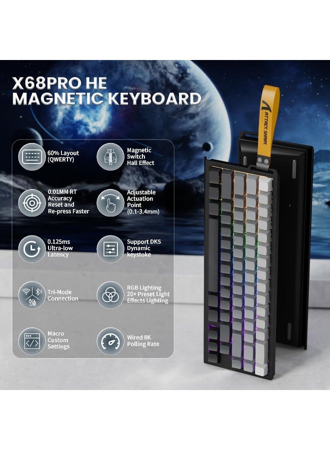 هجوم القرش ATTACK SHARK X68PRO HE Wireless Rapid Trigger Keyboard Magnetic Switch 60% Tri-Mode Wireless 8KHz Magnetic Keyboard With 0.01mm RT Accuracy, Support RT/Snap Tap/DKS/MT/TGL - Gradient Black - Image 2