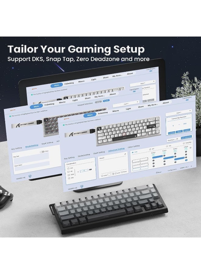 هجوم القرش ATTACK SHARK X68PRO HE Wireless Rapid Trigger Keyboard Magnetic Switch 60% Tri-Mode Wireless 8KHz Magnetic Keyboard With 0.01mm RT Accuracy, Support RT/Snap Tap/DKS/MT/TGL - Gradient Black - Image 4
