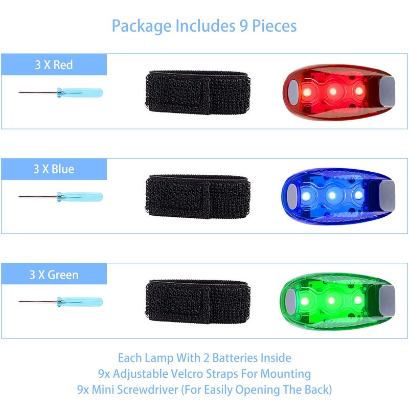 Awpeye 9 Pack Led Safety Light, Safety Light, High Visibility Strobe Running Lights Used for Bicycle, Walking Etc. Clip-On Running Lights Clip to Clothes Strap to Wrist, Bike Or Anywhere(Red/Blue/Green) - Image 4