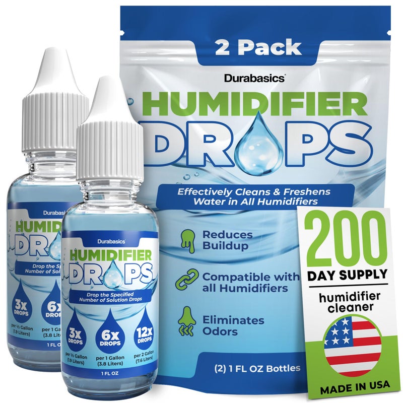 Durabasics 2 Pack Humidifier Drops for Cleaning Food Grade Humidifier Cleaner Slows Buildup Scaling Cleans Deodorizes Water Suitable for All Models 200 Day Supply Made in USA