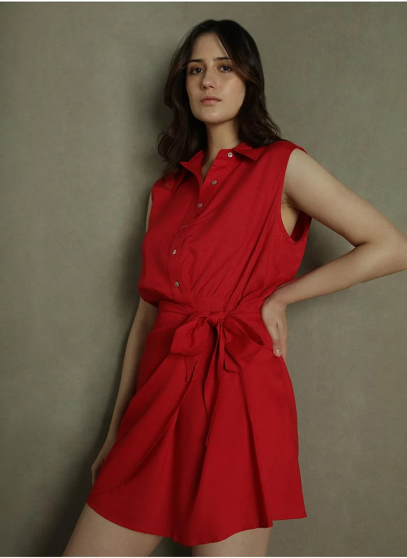 دينيس لينغو Women's Red Rayon Solid Slim Fit Dress