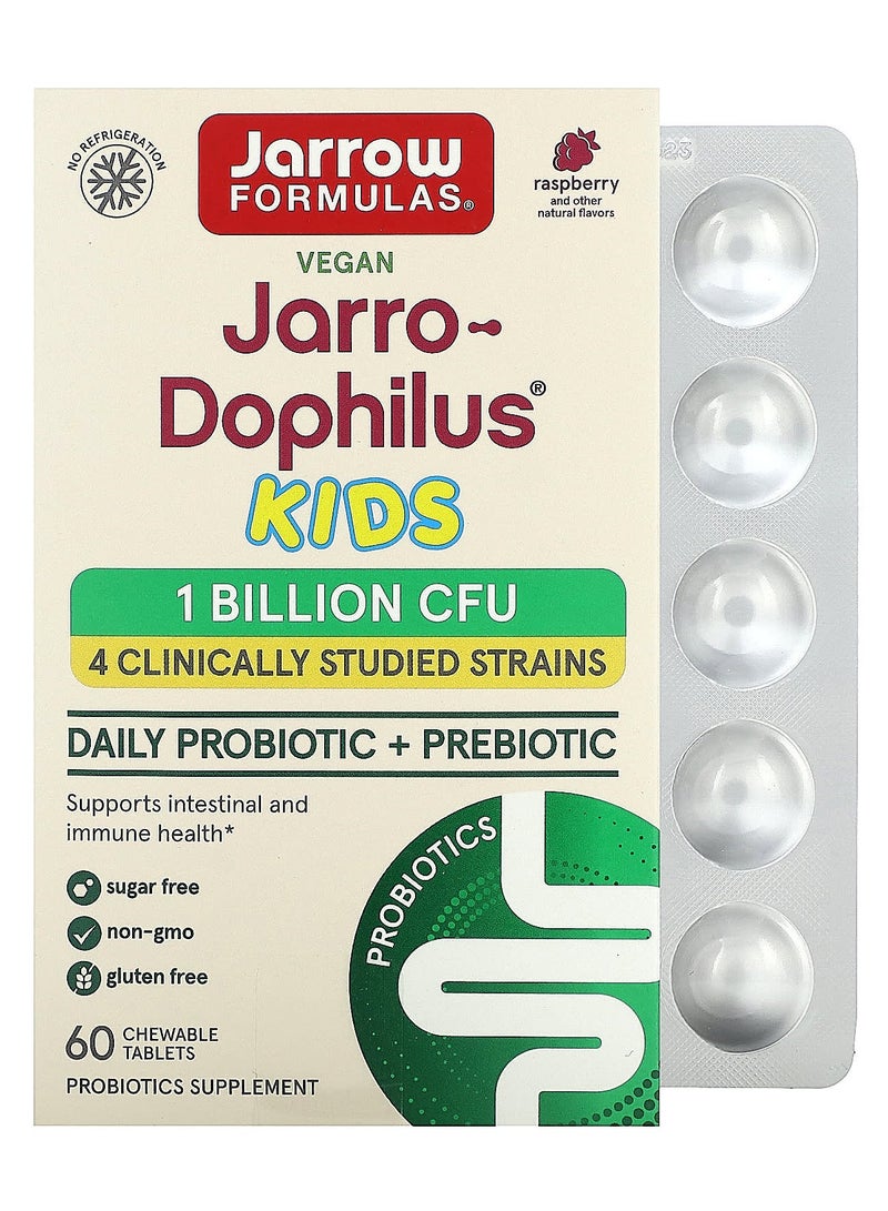 jarrow formulas Jarro-Dophilus Kids, Daily Probiotic + Prebiotic, Raspberry, 1 Billion CFU, 60 Chewable Tablets