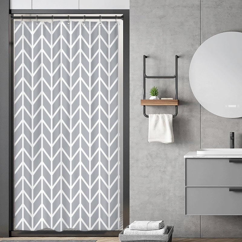 Riyidecor Grey Stall Small Half Size Dorm Shower Curtain 36x72 Inch Single Narrow Tiny RV Chevron Herringbone Striped Geometric Decor Fabric Bathroom Set Polyester Waterproof
