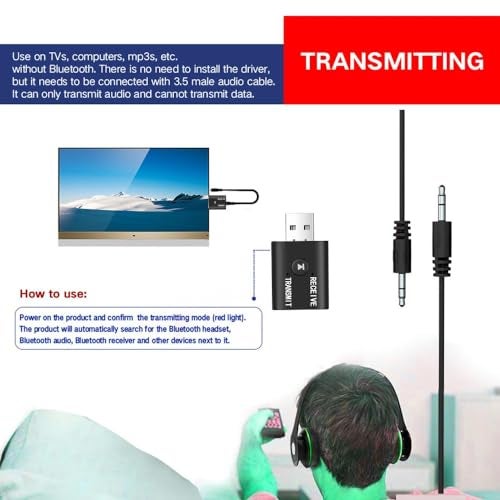TIZOQ Bluetooth Car Adapter, 2 in 1 Mini Bluetooth BT USB 5.0 Transmitter Receiver Wireless 3.5mm Aux Jack Adapter Hands-Free Car Kit Built-in Mic for Car Aux, Headphones, PC, TV, Laptop, Smarphone - Image 3