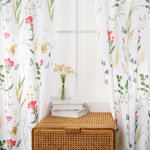 youleyar Floral Curtains 84 Inches Long for Living Room 2 Panels Printed Pattern Curtain Rod Pocket Spring Summer Watercolor Flowers/Leaves Window Drapes for Girls Bedroom, 52" W x 84" L - Image 5