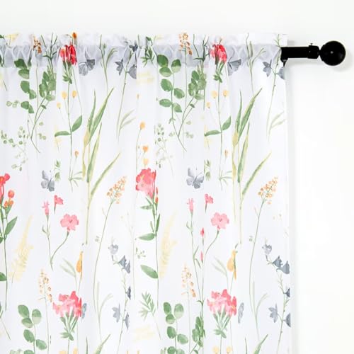 youleyar Floral Curtains 84 Inches Long for Living Room 2 Panels Printed Pattern Curtain Rod Pocket Spring Summer Watercolor Flowers/Leaves Window Drapes for Girls Bedroom, 52" W x 84" L - Image 3