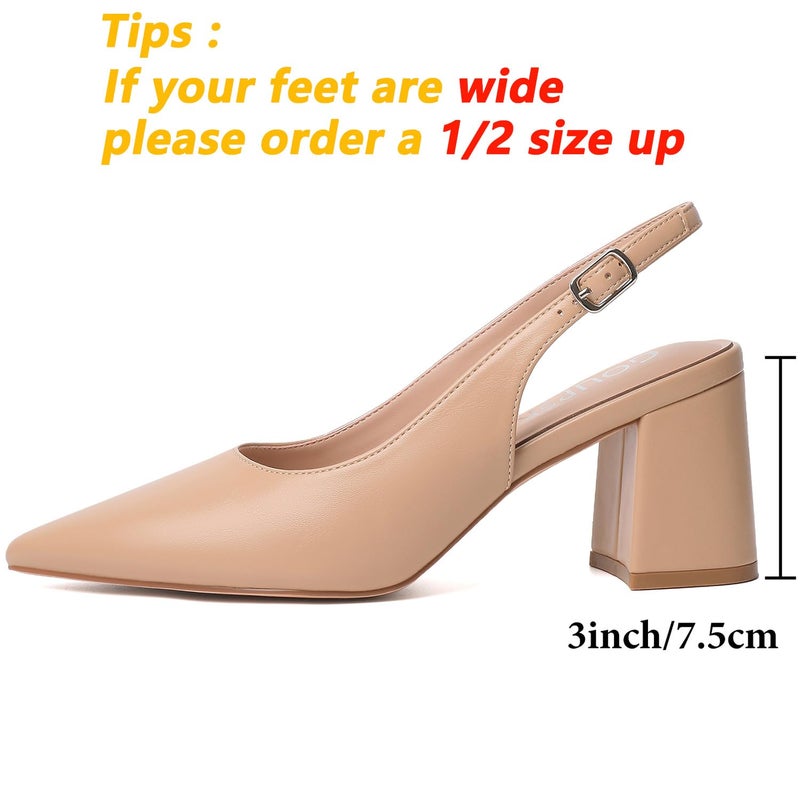 Mostrin Nude Block Slingback Heels for Women Beige Pointed Closed Toe Chunky Heels Office Work Shoes Women's Pumps for Business Casual - Image 4
