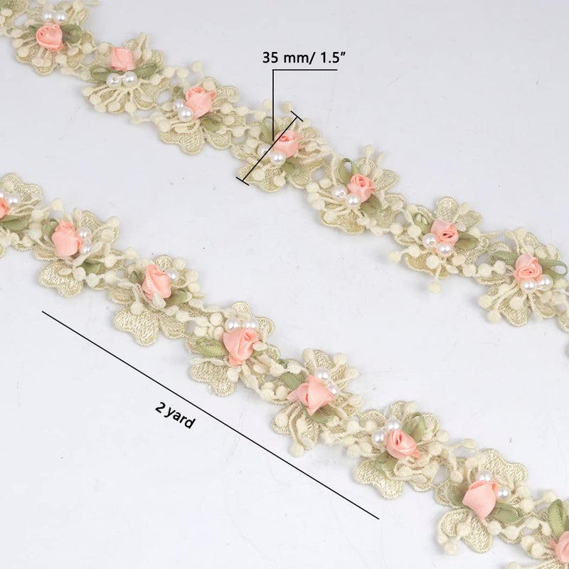 Kuasting 2 Yard Vintage Pearl Flower Ribbon Scallop Edge Trim Lace Fabric Sewing Lace Trim Handmade DIY Sewing Supplies for Dress Embellishment (Small Pearl lace) - Image 2