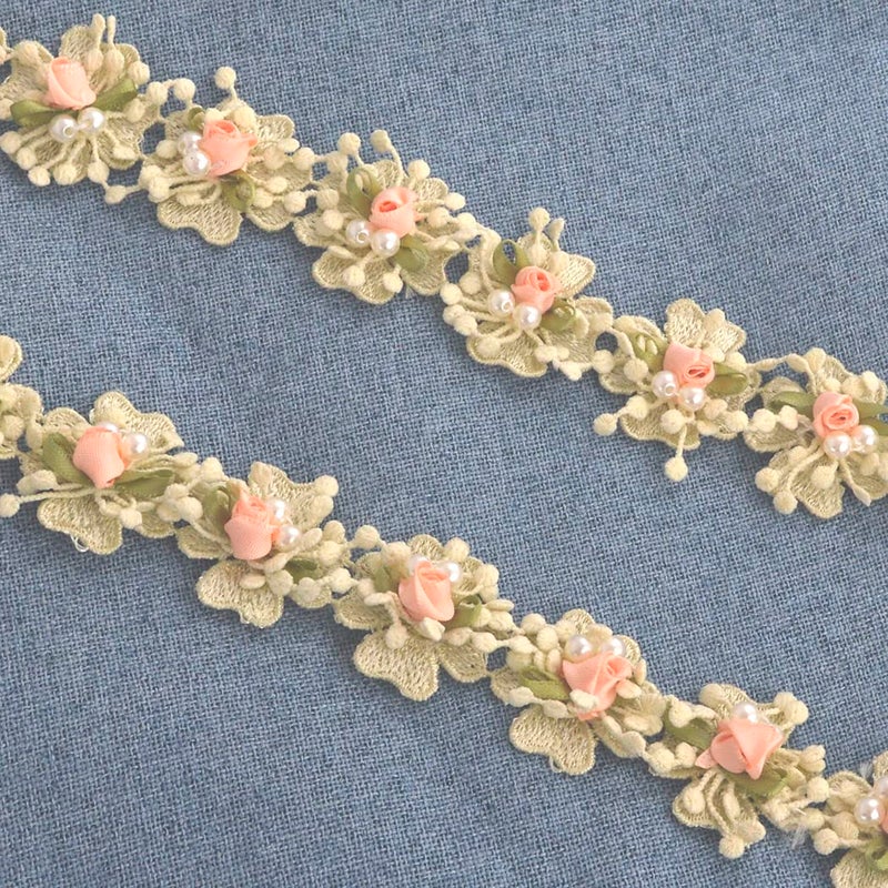 Kuasting 2 Yard Vintage Pearl Flower Ribbon Scallop Edge Trim Lace Fabric Sewing Lace Trim Handmade DIY Sewing Supplies for Dress Embellishment (Small Pearl lace) - Image 1