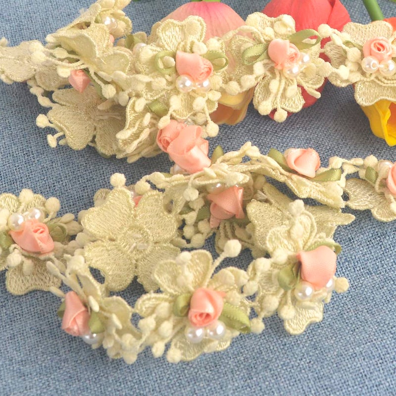 Kuasting 2 Yard Vintage Pearl Flower Ribbon Scallop Edge Trim Lace Fabric Sewing Lace Trim Handmade DIY Sewing Supplies for Dress Embellishment (Small Pearl lace) - Image 4