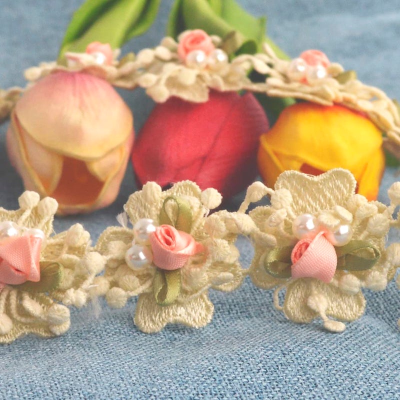 Kuasting 2 Yard Vintage Pearl Flower Ribbon Scallop Edge Trim Lace Fabric Sewing Lace Trim Handmade DIY Sewing Supplies for Dress Embellishment (Small Pearl lace) - Image 3