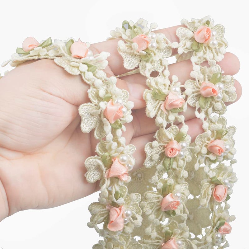 Kuasting 2 Yard Vintage Pearl Flower Ribbon Scallop Edge Trim Lace Fabric Sewing Lace Trim Handmade DIY Sewing Supplies for Dress Embellishment (Small Pearl lace) - Image 5
