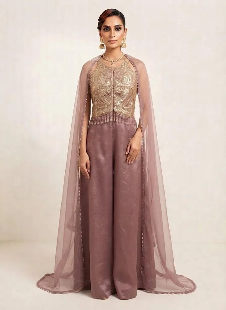 Viny VINY Women's Purple Halter Neck Embellished Ethnic Top & Palazzo Set