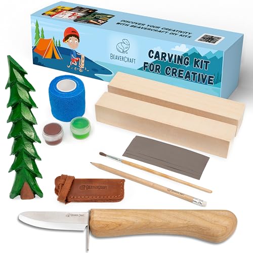 BeaverCraft Wood Carving Kit for Kids Beginner DIY08 Wood Whittling Kit for Kids 14 Woodworking Starter Hobby Kits for Boys Wood Crafts Projects DIY Gifts Carving Set Whittling Knife Basswood - Image 1