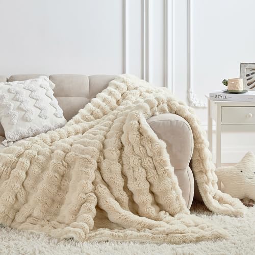 Serenhom 50x60 Inches Ultra-Soft Fuzzy Faux Fur Plush Throw Blanket - Thick, Warm Sherpa for Couch, Sofa, Bedroom, Camping - Decorative Blanket for Cozy Warmth, Bubble Khaki - Image 2