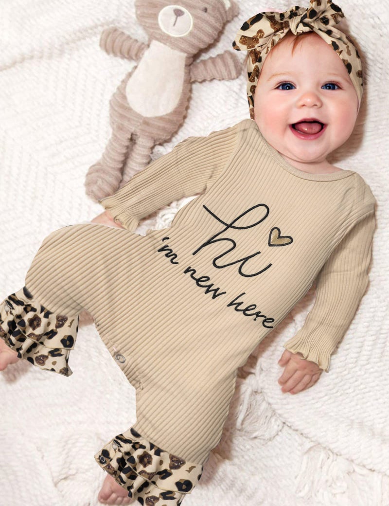 KANGKANG Baby Girl Clothes Preemie Clothes Girl hi I'm new here Ruffle Long Sleeve Onesie for Baby Girl Romper Leopard Print Flare Bell Bottom Jumpsuit with Headband Hat Beige - Image 2
