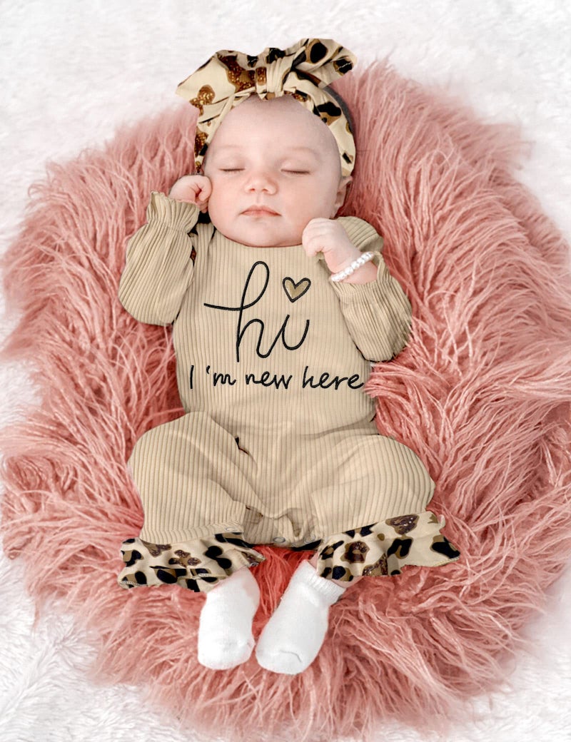 KANGKANG Baby Girl Clothes Preemie Clothes Girl hi I'm new here Ruffle Long Sleeve Onesie for Baby Girl Romper Leopard Print Flare Bell Bottom Jumpsuit with Headband Hat Beige - Image 3