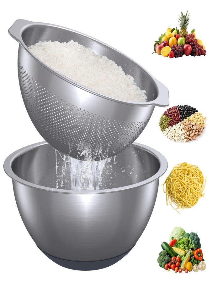 Qimh 304 Stainless Steel Colander and Strainer, 5QT Large Capacity and 6QT Mixing Bowl, Micropore for Washing Rice, Fruit, and Cooked Pasta, Perfect Draining for Grain and Bean - Image 1