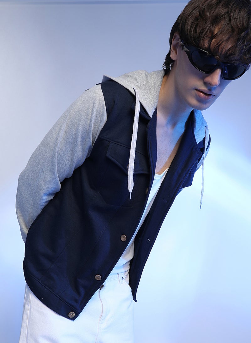 Campus Sutra Men's Grey & Navy Blue Button-Front Jacket With Contrast Detail - Image 1