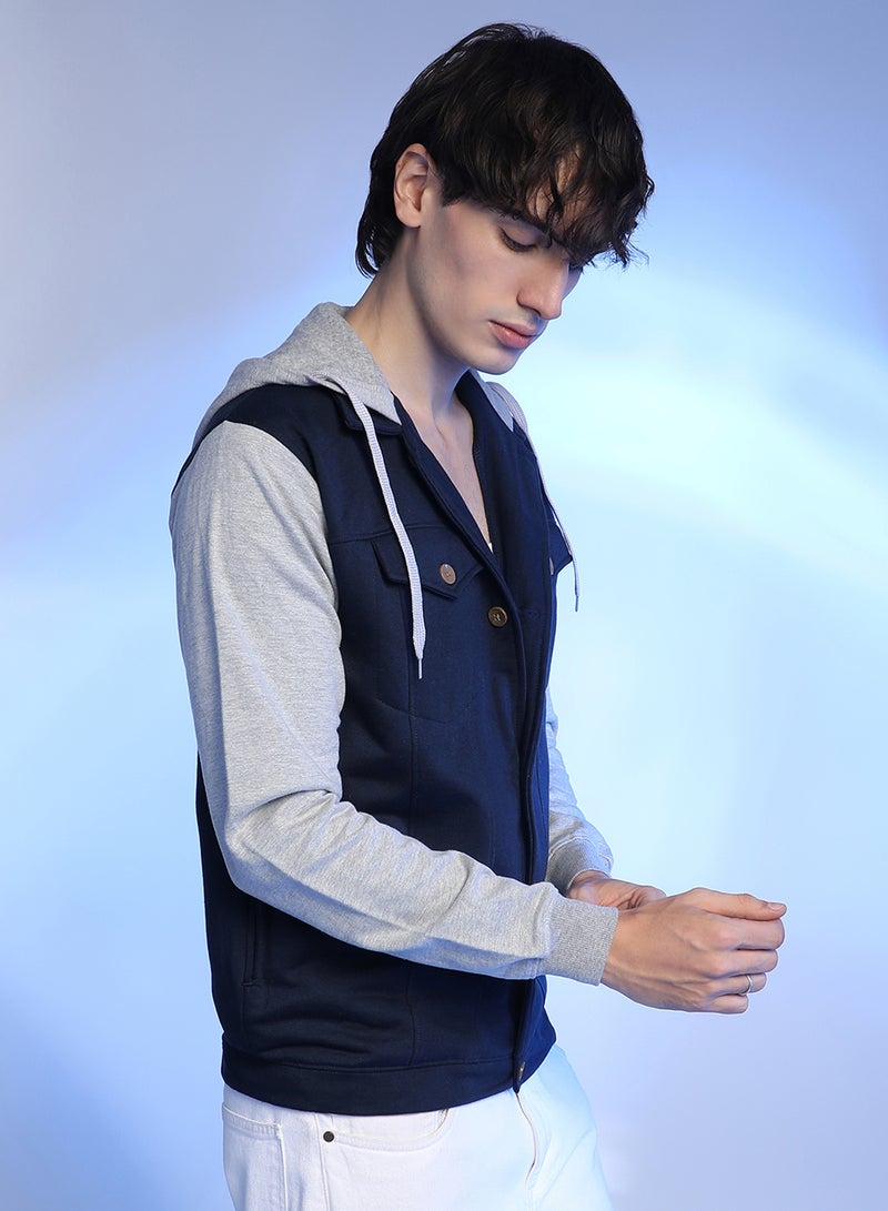 Campus Sutra Men's Grey & Navy Blue Button-Front Jacket With Contrast Detail - Image 2