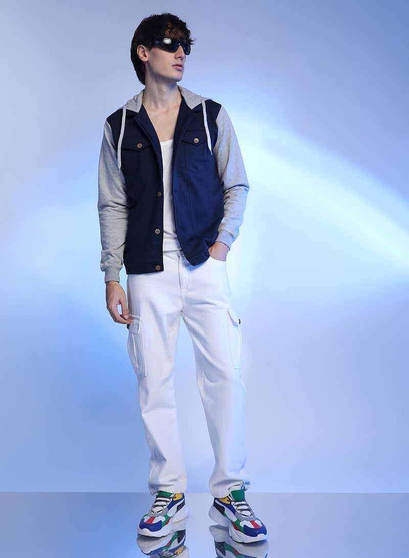Campus Sutra Men's Grey & Navy Blue Button-Front Jacket With Contrast Detail - Image 5