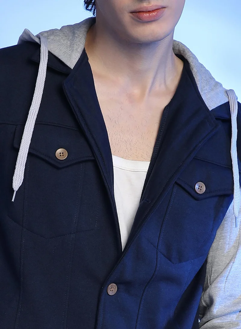 كامبوس سوترا Men's Grey & Navy Blue Button-Front Jacket With Contrast Detail