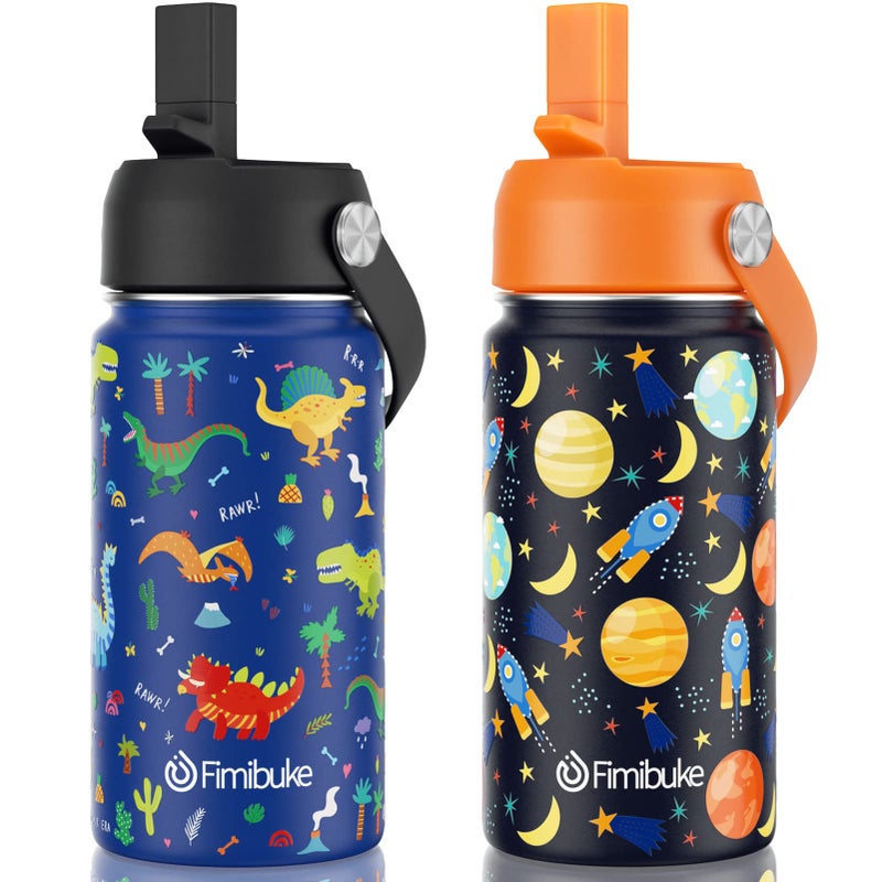 Fimibuke Kids Insulated Water Bottle 14oz BPA FREE Double Wall Vacuum Tumbler 188 Stainless Steel Leak Proof Kids Cups with Straw Metal Water Bottle for School Boy Girl2 Pack SPACEBLUE DINOSAUR