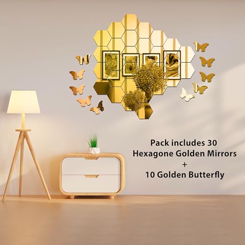 Goelite Hexagonal Mirror with Butterfly Wall Sticker, Glass Stickers for Mosaic Decoration, Acrylic Home Mirror Wallpaper (30 Hexagon Golden + 10 Butterfly) - Image 2