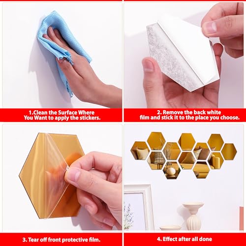 Goelite Hexagonal Mirror with Butterfly Wall Sticker, Glass Stickers for Mosaic Decoration, Acrylic Home Mirror Wallpaper (30 Hexagon Golden + 10 Butterfly) - Image 4