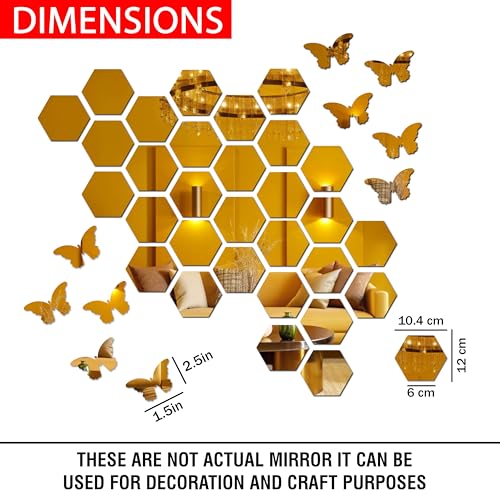 Goelite Hexagonal Mirror with Butterfly Wall Sticker, Glass Stickers for Mosaic Decoration, Acrylic Home Mirror Wallpaper (30 Hexagon Golden + 10 Butterfly) - Image 5