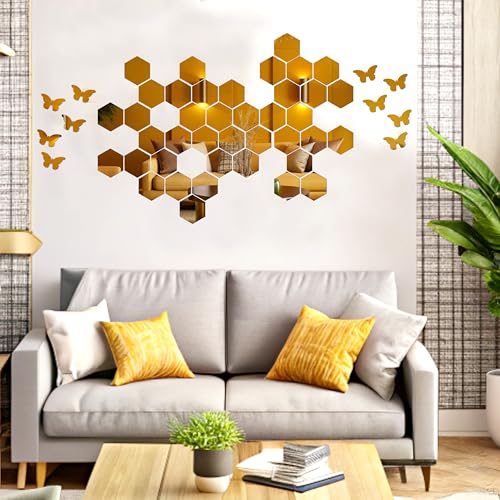 Goelite Hexagonal Mirror with Butterfly Wall Sticker, Glass Stickers for Mosaic Decoration, Acrylic Home Mirror Wallpaper (30 Hexagon Golden + 10 Butterfly) - Image 3