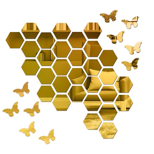 Goelite Hexagonal Mirror with Butterfly Wall Sticker, Glass Stickers for Mosaic Decoration, Acrylic Home Mirror Wallpaper (30 Hexagon Golden + 10 Butterfly) - Image 1