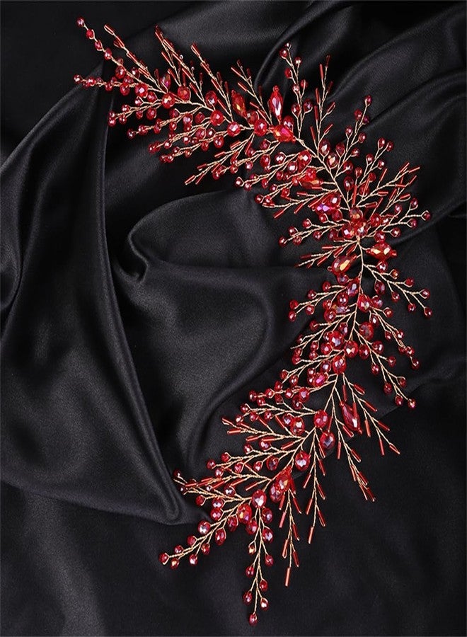 Aimimier Bridal Crystal Hairband Long Hair Vine Crystal Beaded Headband Wedding Prom Party Festival Fashion Hair Accessory for Women (Red) - Image 3