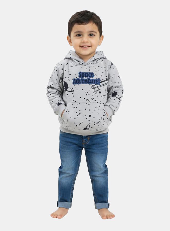 Boys Cotton Hoodie – Grey with Space Adventure Embroidery - Image 1