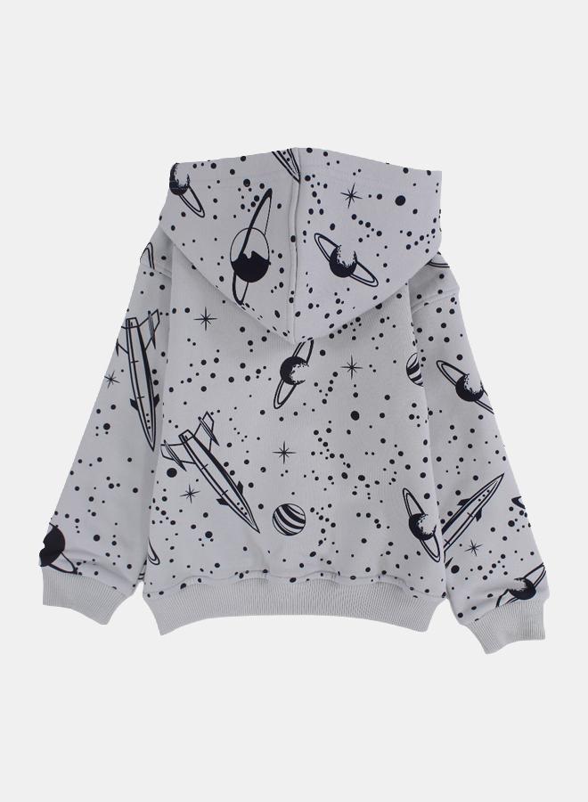 Boys Cotton Hoodie – Grey with Space Adventure Embroidery - Image 3