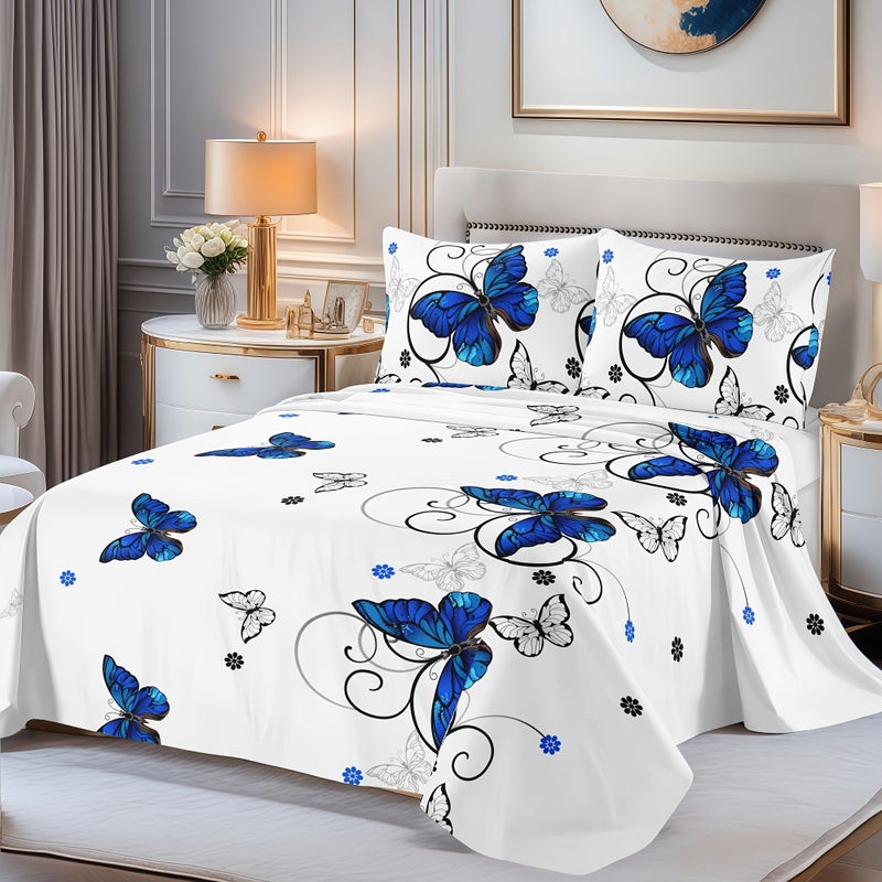 3pcs Full Size Blue Butterfly Bedding Set Includes 1 Flat Sheet And 2 Pillowcases Spring Summer Retro European Classic - Image 1