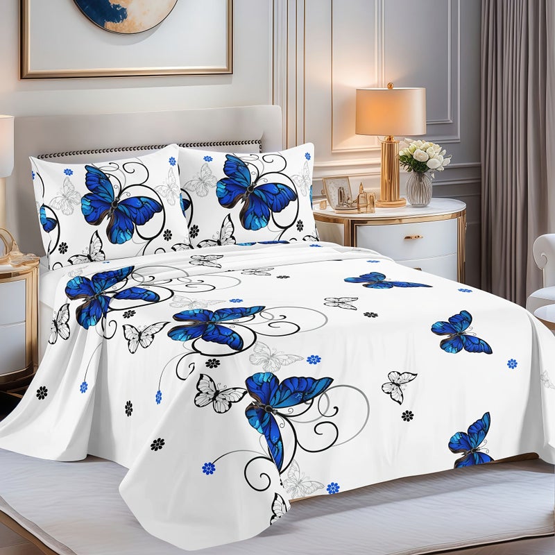 3pcs Full Size Blue Butterfly Bedding Set Includes 1 Flat Sheet And 2 Pillowcases Spring Summer Retro European Classic - Image 4