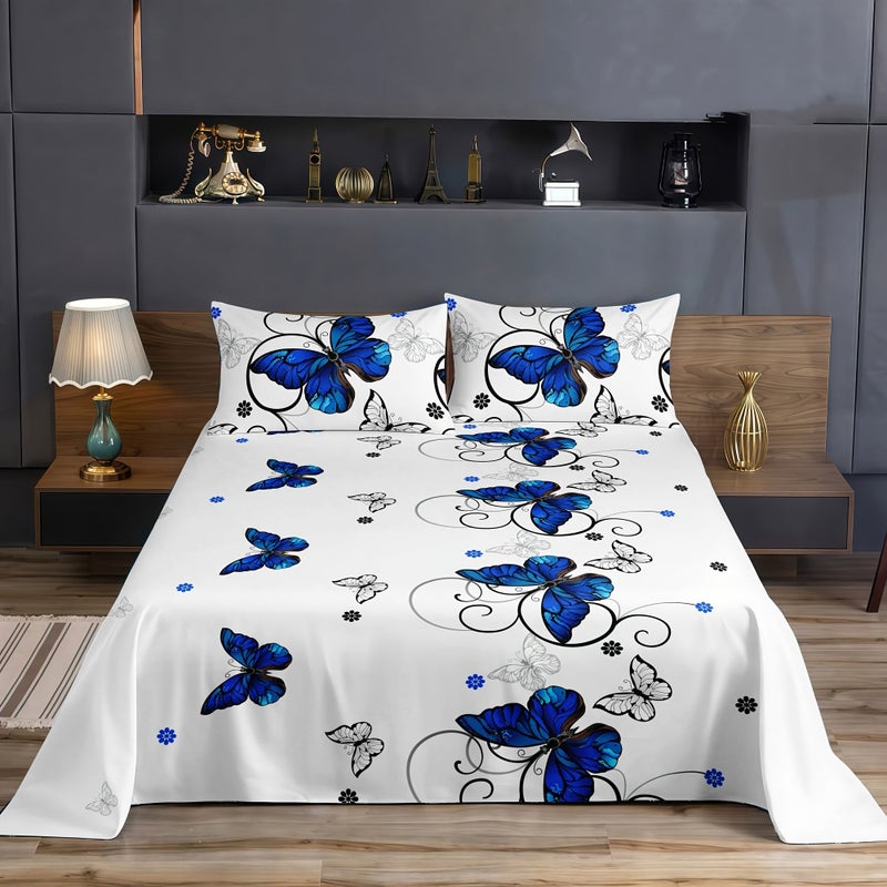 3pcs Full Size Blue Butterfly Bedding Set Includes 1 Flat Sheet And 2 Pillowcases Spring Summer Retro European Classic - Image 2