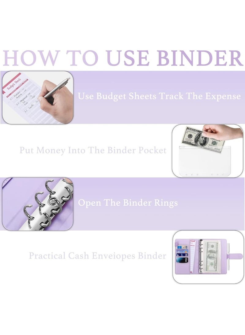 Suntown مجلد ميزانية A6 - مجلد توفير من جلد PU مع 8 أظرف بسحاب، 12 ورقة ميزانية نفقات، 2 نوع من ملصقات الملصقات، مجلد منظم للمال للنقد، بنفسجي لامع - Image 2