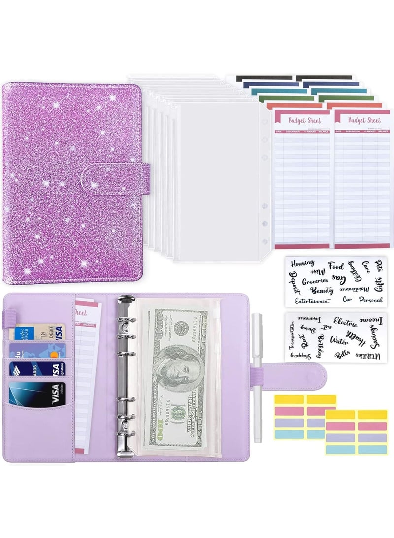 Suntown مجلد ميزانية A6 - مجلد توفير من جلد PU مع 8 أظرف بسحاب، 12 ورقة ميزانية نفقات، 2 نوع من ملصقات الملصقات، مجلد منظم للمال للنقد، بنفسجي لامع - Image 1