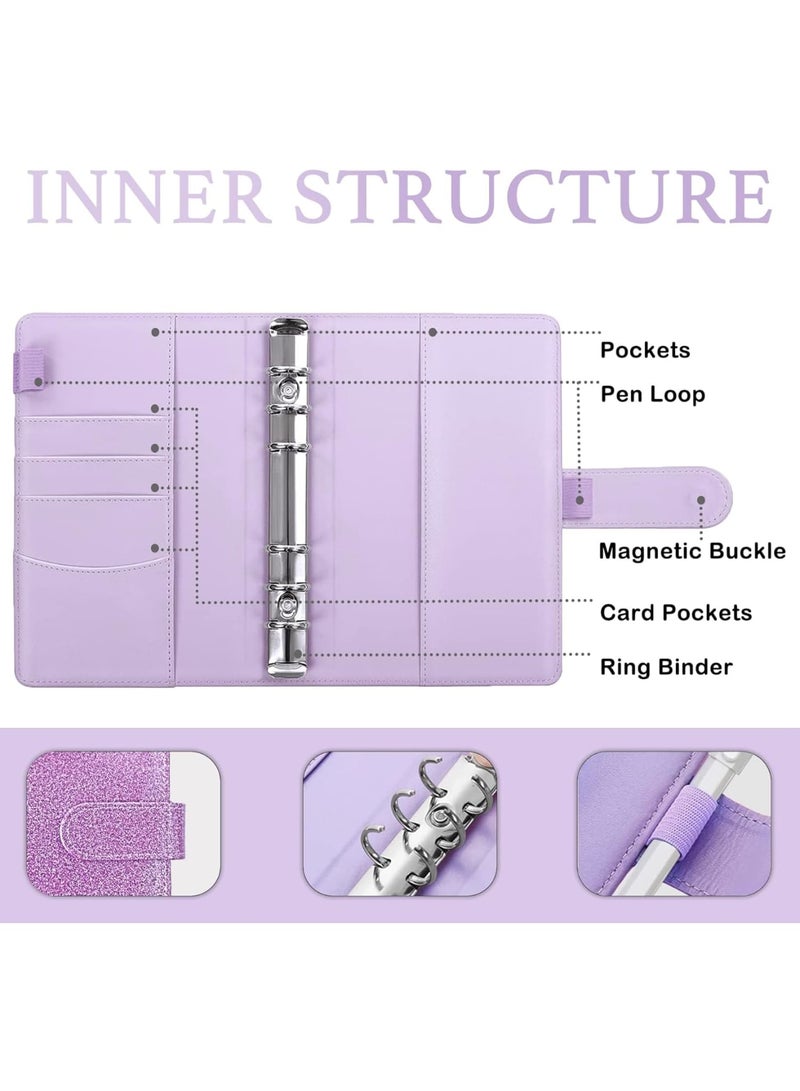 Suntown مجلد ميزانية A6 - مجلد توفير من جلد PU مع 8 أظرف بسحاب، 12 ورقة ميزانية نفقات، 2 نوع من ملصقات الملصقات، مجلد منظم للمال للنقد، بنفسجي لامع - Image 4