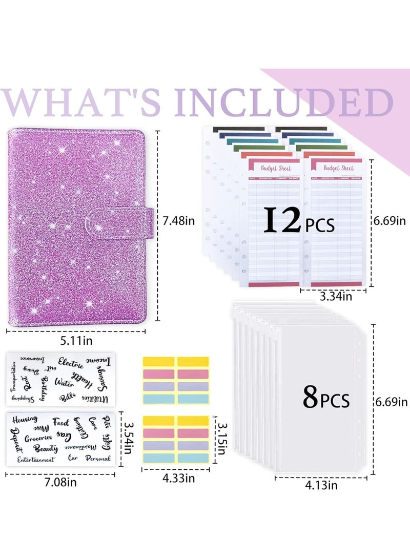 Suntown مجلد ميزانية A6 - مجلد توفير من جلد PU مع 8 أظرف بسحاب، 12 ورقة ميزانية نفقات، 2 نوع من ملصقات الملصقات، مجلد منظم للمال للنقد، بنفسجي لامع - Image 3
