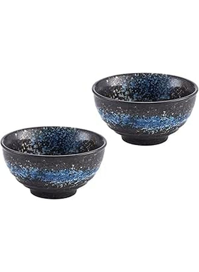 Vintage Blue Ceramic Ramen Bowl Set 2 Pieces Microwave Safe Soup Noodle Bowls - Image 1
