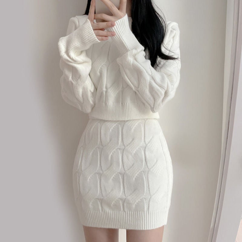 Chic Knit Sweater Skirt Set for Women White [two-piece]] - Image 5