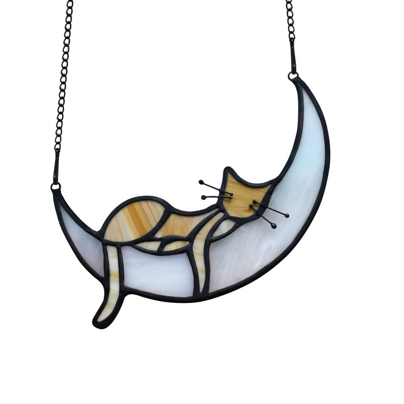 BOXCASA Stained Glass on Moon Cat Windown HangingHandcrafted Suncatcher Orange Cat Mom Gifts for WomenDaughterMothers DayChristmas
