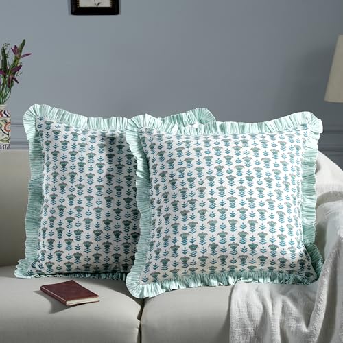 Ridhi Block Print Aquamarine Blue Throw Pillow Cover 20 x 20 Pack of 2 Decorative Cushion Covers with Ruffle for Couch Sofa Bed Living Room Home Decor Gift for Spring Easter Valentine - Image 3
