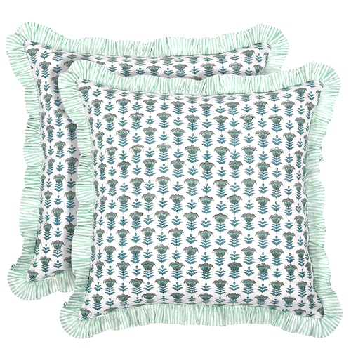 Ridhi Block Print Aquamarine Blue Throw Pillow Cover 20 x 20 Pack of 2 Decorative Cushion Covers with Ruffle for Couch Sofa Bed Living Room Home Decor Gift for Spring Easter Valentine - Image 1