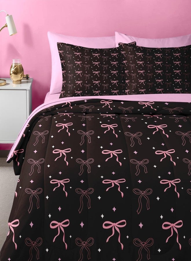 Nesker Bow Comforter Set Twin Size, 5 Pieces Bed in a Bag, Pink Black Bow Bedding Set for Girls, Cute Bowknot Comforter Set with 1 Pillowcase & 1 Sham - Image 5